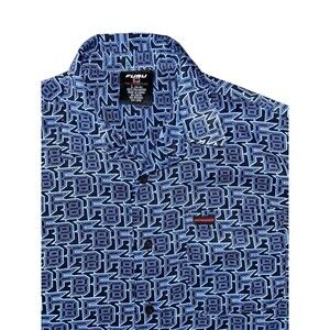 VTG Y2K Fubu AOP Short Sleeve Button Up Shirt Men’s Large Blue Spell‎ out